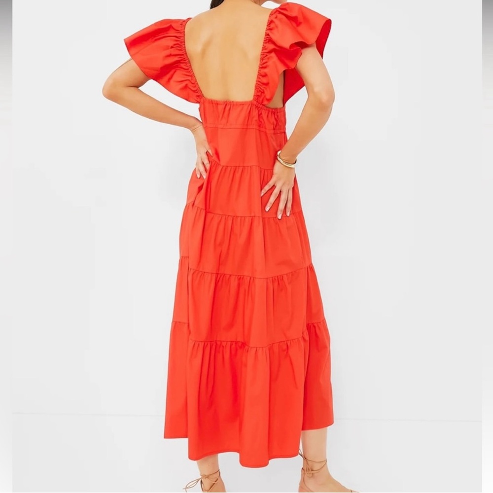 Orange Red Flutter Sleeve Tiered Midi Dress - Picture 4 of 8